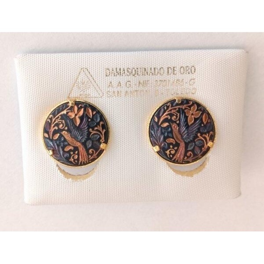 NWT Vintage Damascene Clip On Earrings Bird 24k Rose Gold Inlay New